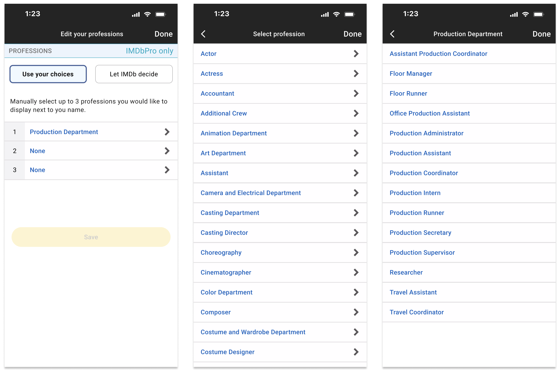 example mobile app screens for editing your professions